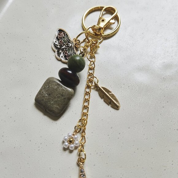 Handmade Earthy Keychain with Natural Stone Beads, Lightning Bolt Charm & Butter - Picture 2 of 7